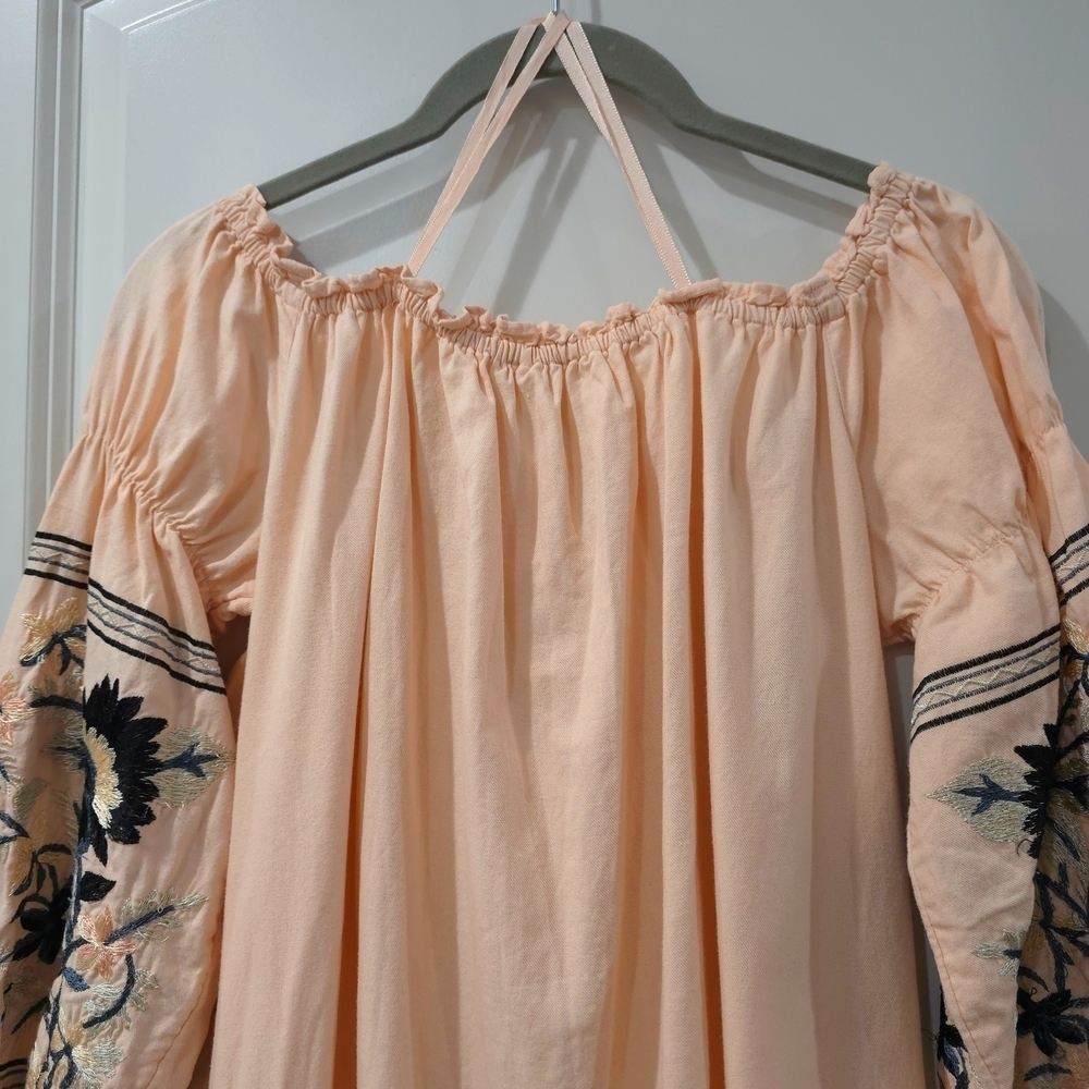 FREE PEOPLE Floral Embroidered Peasant Off The Shoulder Mini Dress, Size XS - Picture 9 of 15